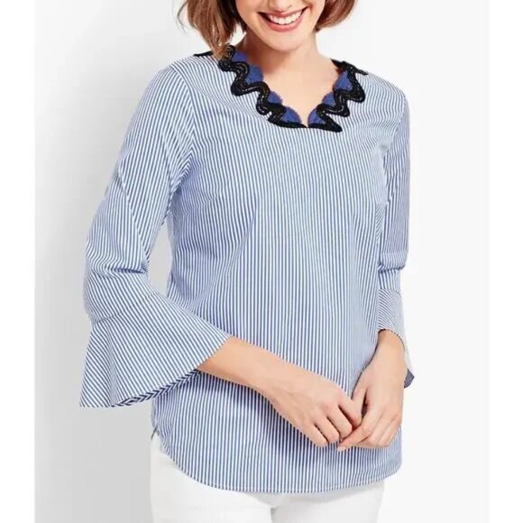 Talbots Blouse Top 2X Petite Coastal Blue Stripe 3/4 Bell Sleeve V-neck Nautical - Picture 1 of 8